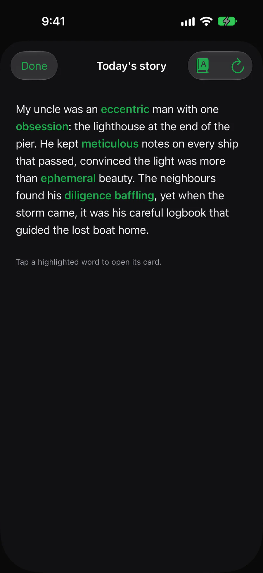 The daily story with today’s words highlighted.