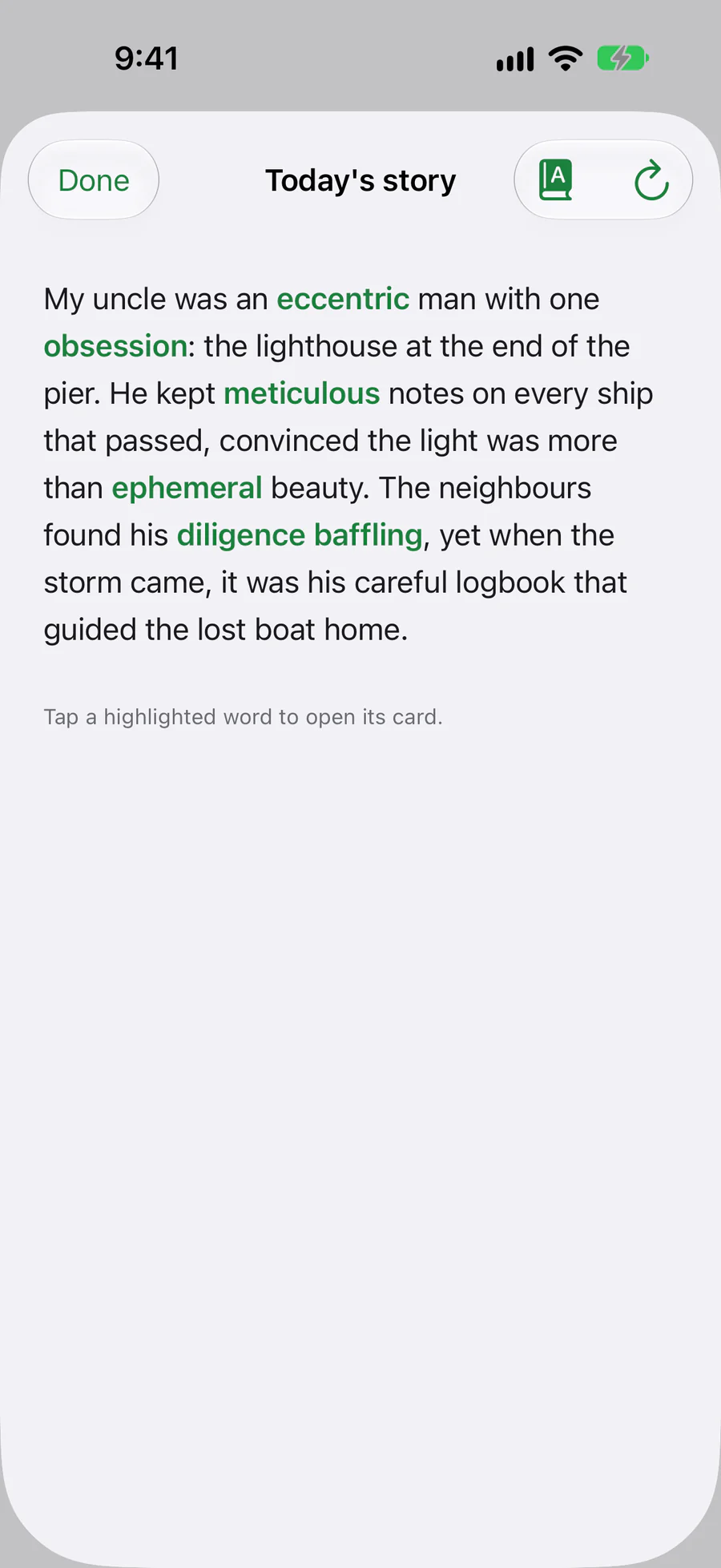 The daily story with today’s words highlighted.